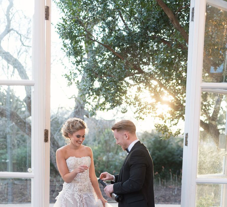 Bride in ‘Christelle’ by Anna Georgina and Kobus Dippenaar | Groom in Black Tie Suit | Super Luxe White, Grey &amp; Gold Elegant Wedding Inspiration at Orangery, Holland Park, Kensington, London | Planned &amp; Style day The Events Designers | Eva Tarnok Photography