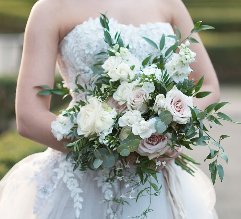 Romantic Bridal Bouquet by Blue Sky Flowers | Bride in ‘Christelle’ by Anna Georgina and Kobus Dippenaar | Super Luxe White, Grey &amp; Gold Elegant Wedding Inspiration at Orangery, Holland Park, Kensington, London | Planned &amp; Style day The Events Designers | Eva Tarnok Photography