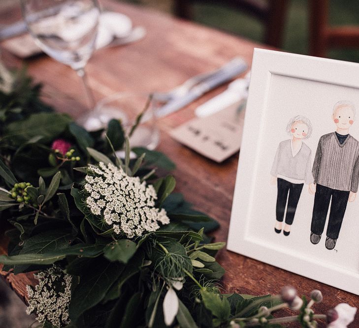 Illustrated Place Setting in White Frame | Foliage Table Runner | Rue de Seine Wedding Dress with Pronovias Overskirt, Personalised Place Setting Illustrations and Sweetheart Table | Samuel Docker Photography