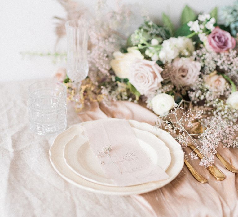 Elegant Place Setting with Delicate Flowers | Sophisticated Pastel Wedding Inspiration from Jean Jackson Couture | Emma Pilkington Photography