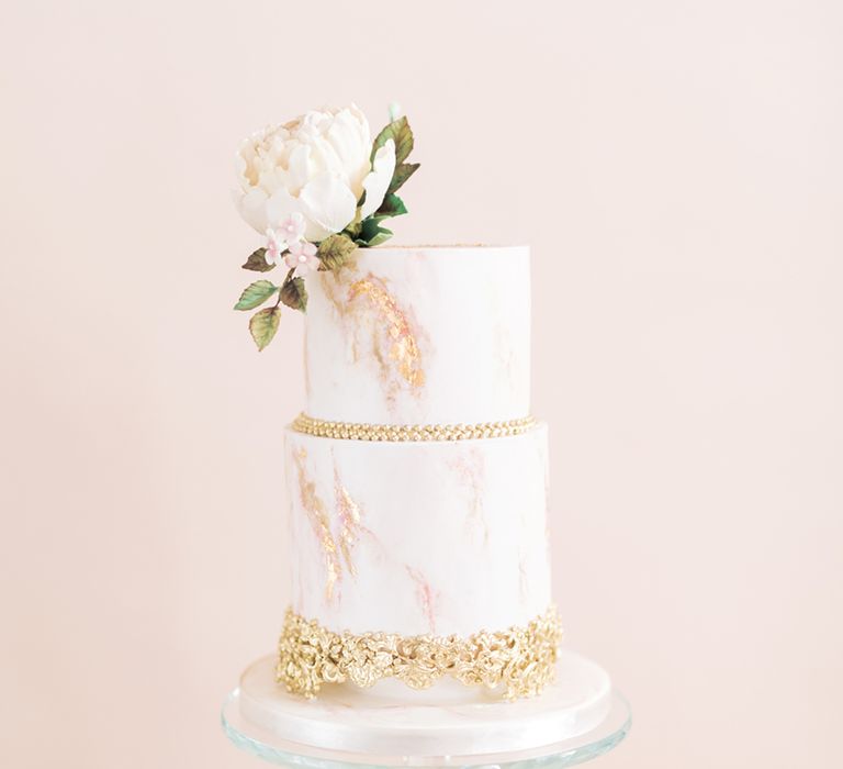 Two Tier Wedding Cake with Gold Leaf Decor by The Frostery | Sophisticated Pastel Wedding Inspiration from Jean Jackson Couture | Emma Pilkington Photography