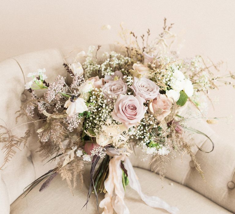 Pastel Wild Flower Wedding Bouquet with Roses &amp; Gypsophila | Sophisticated Pastel Wedding Inspiration from Jean Jackson Couture | Emma Pilkington Photography