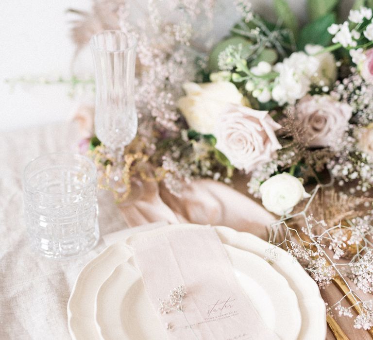 Elegant Place Setting with Vine in The Wild Wedding Stationery | Sophisticated Pastel Wedding Inspiration from Jean Jackson Couture | Emma Pilkington Photography