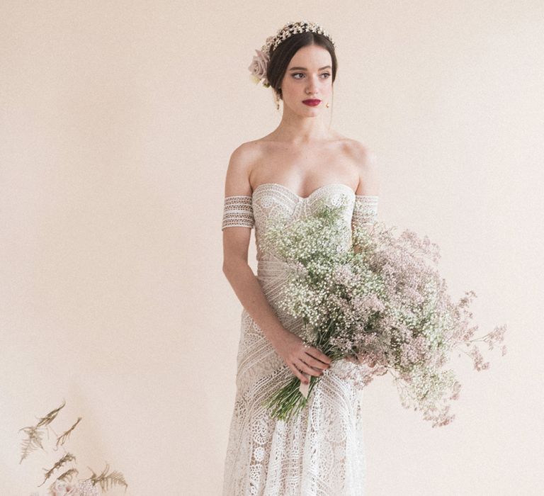 Beautiful Bride in Boho Lace Rue De Seine Bridal Gown | Oversized Pink &amp; White Gypsophila Bridal Bouquet | Sophisticated Pastel Wedding Inspiration from Jean Jackson Couture | Emma Pilkington Photography