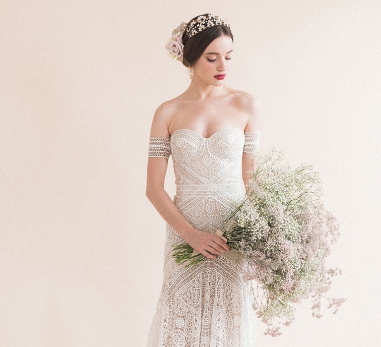 Beautiful Bride in Boho Lace Rue De Seine Bridal Gown | Oversized Pink &amp; White Gypsophila Bridal Bouquet | Sophisticated Pastel Wedding Inspiration from Jean Jackson Couture | Emma Pilkington Photography