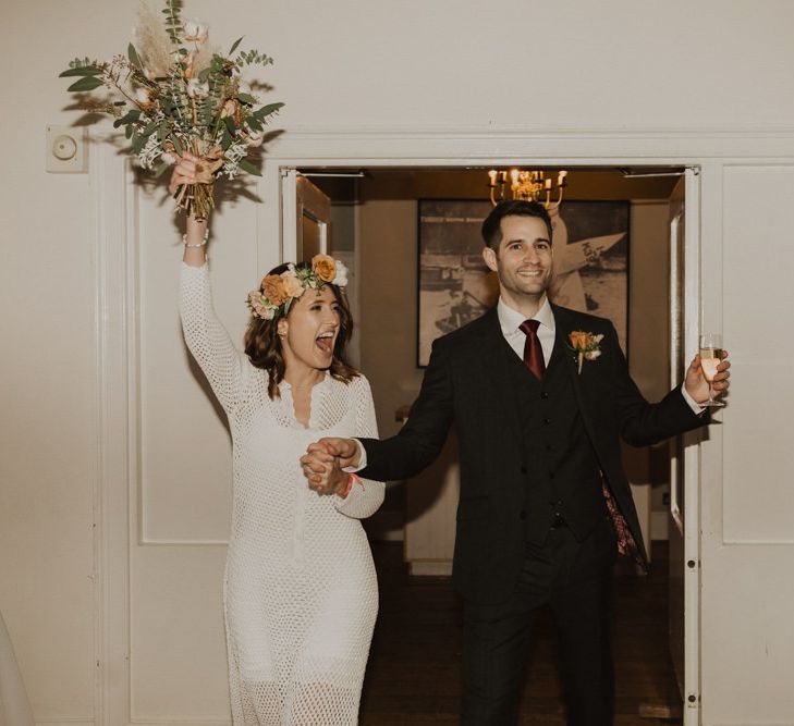 Bride and groom at Linden House for intimate wedding with modern boho styling