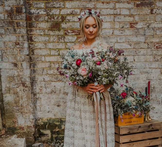 Boho Bride in Lace Wedding Dress with Romantic Pink &amp; Red Oversized Wedding Bouquet