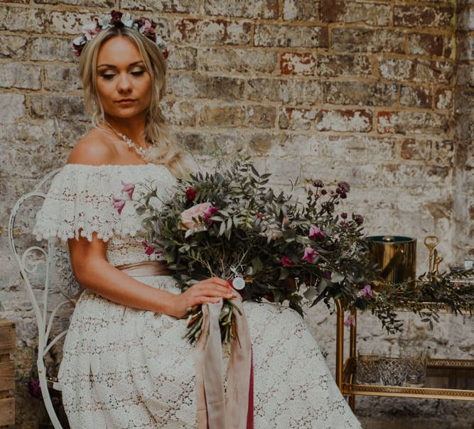 Bohemian Bride in Lace Wedding Dress and Customised Converse Trainers