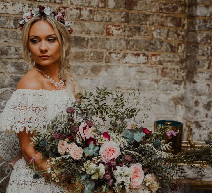 Beautiful Bride with Bardot Lace Wedding Dress