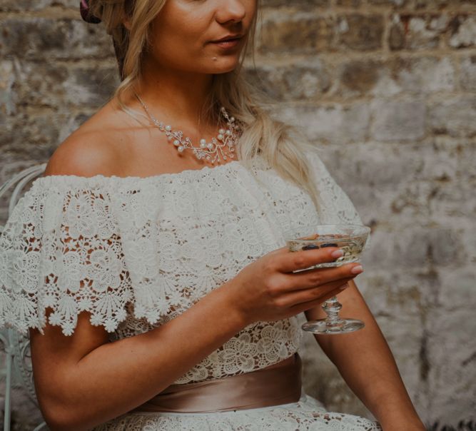 Bride in Off the Shoulder Lace Wedding Dress