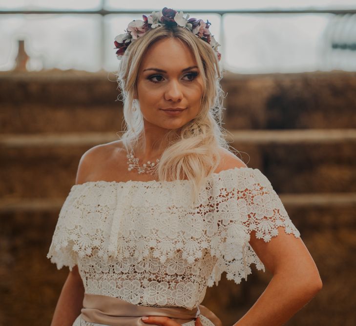 Boho Bride in Off the Shoulder Lace Wedding Dress and Flower Crown