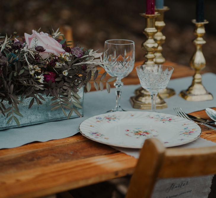 Vintage China Place Setting and Cut Glass Wine Glasses