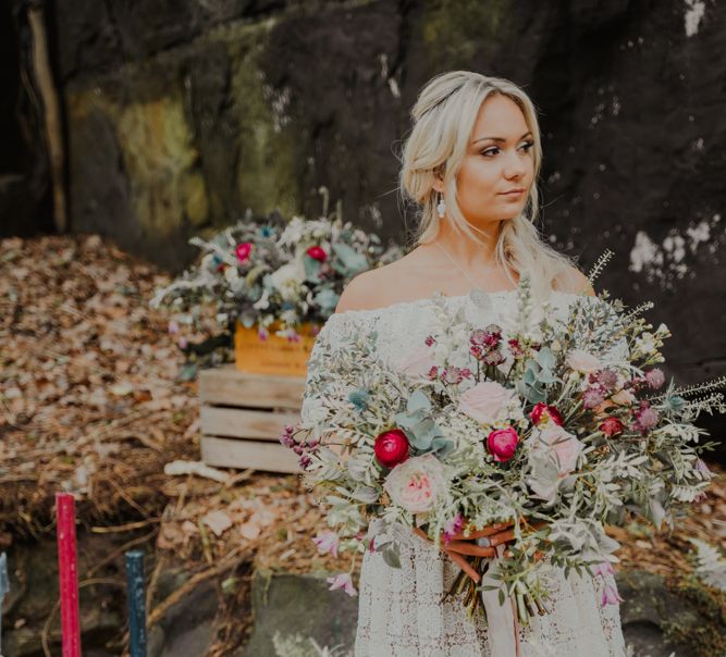 Oversized Blush and Burgundy Wedding Bouquet and Complementary Tabler Runner Flowers