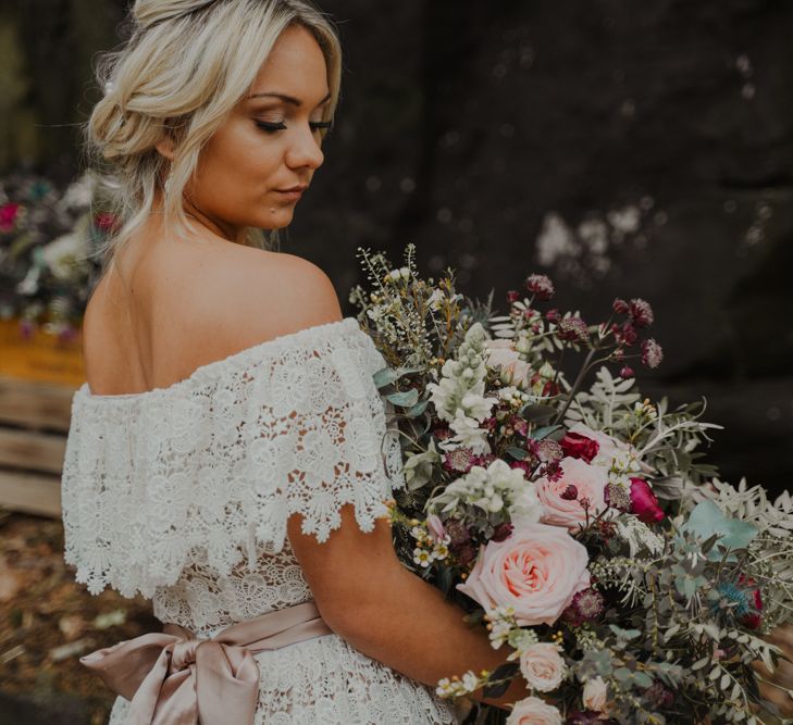 Bride in Off the Shoulder Lace Wedding Dress