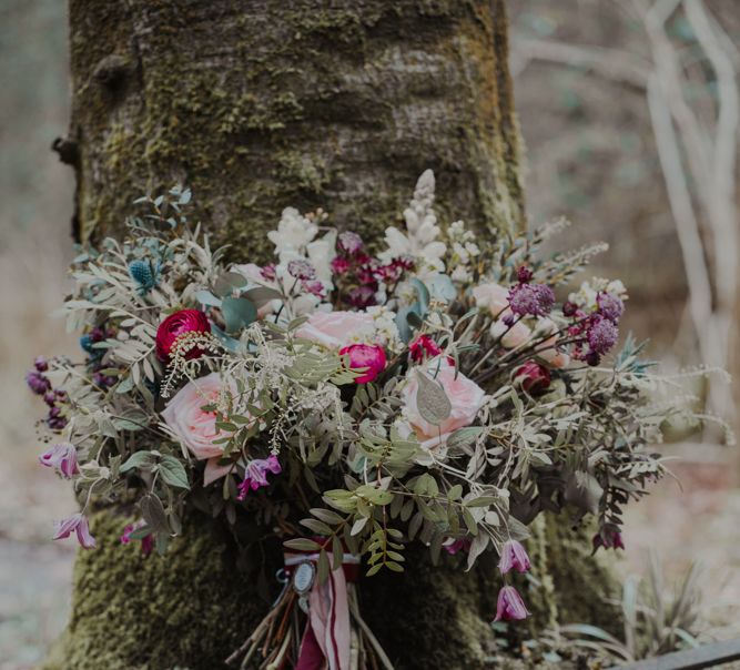 Romantic Blush Pink and Burgundy Wedding Bouquet with Trailing Ribbons