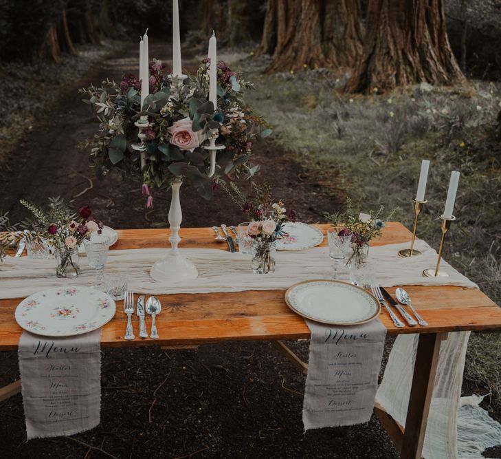 Intimate Tablescape with Vintage China, Candle Sticks and Floral Candelabra Centrepiece