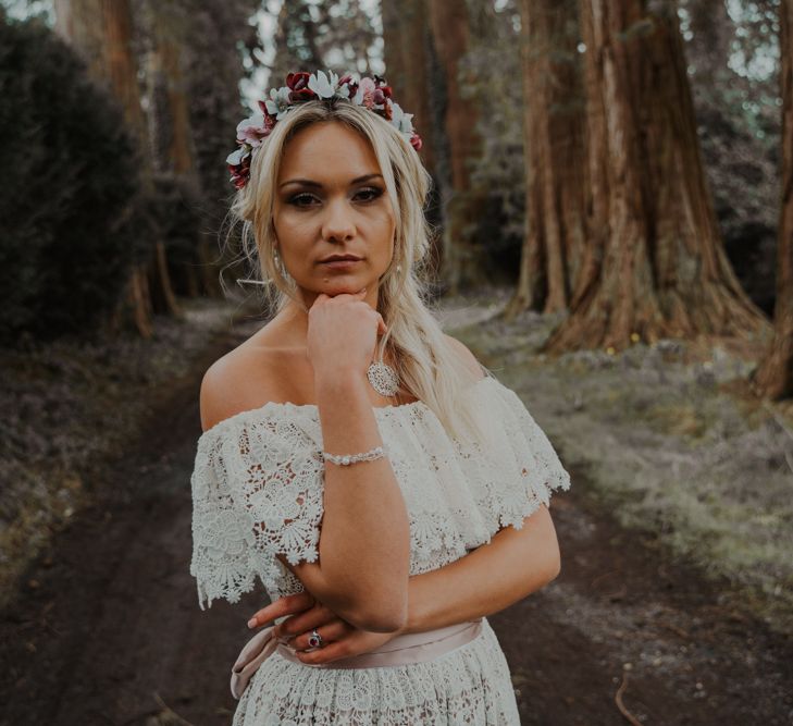 Bohemian Bride in the Forest with Flower Crown