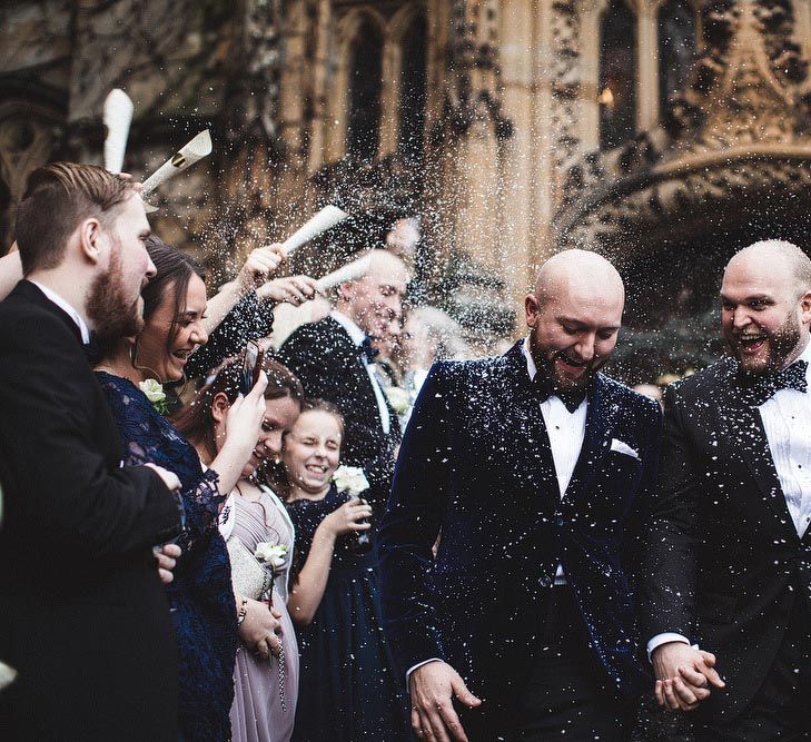 Groom &amp; Groom in Tuxedo's During Confetti Moment