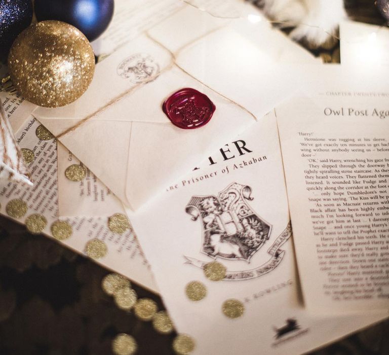 Harry Potter Pages with Wax Seal Next to Wedding Card Box