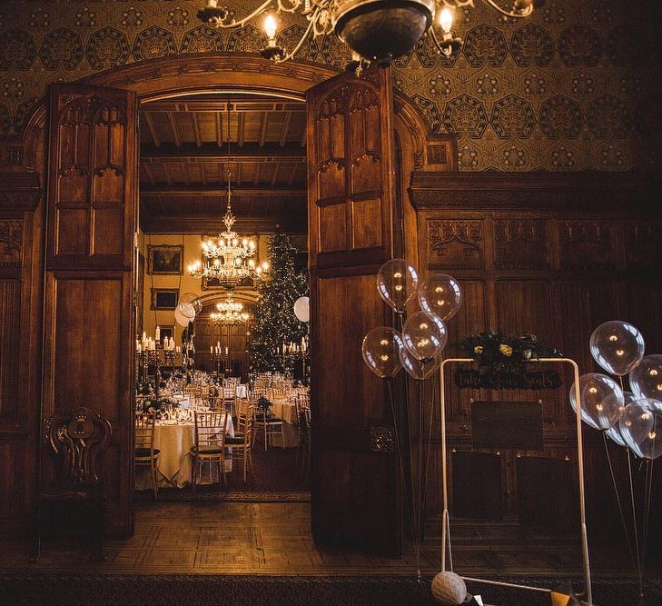 Christmas Wedding Reception with Christmas Tree and Candelabra Centrepieces