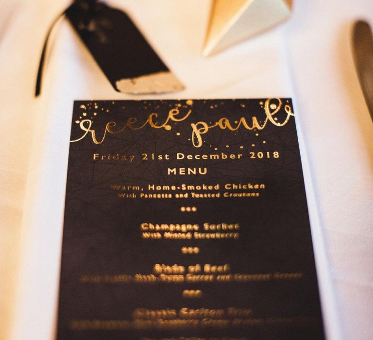 Black and Gold Foil Menu Card at Place Setting