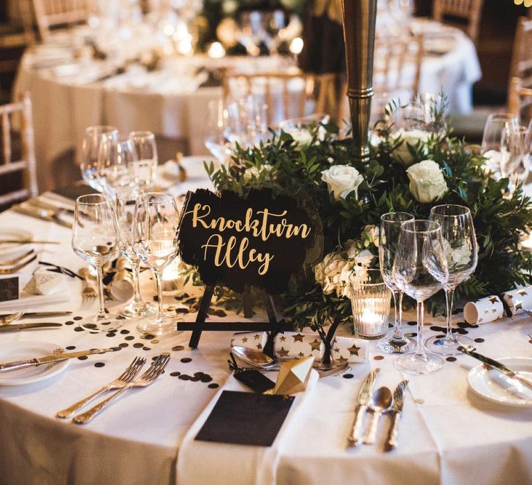 Black &amp; Gold Acrylic Table Name Sign with Silver  Candelabra Centrepiece