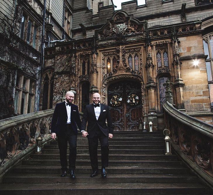 Groom &amp; Groom Walking Down Carlton Towers Steps