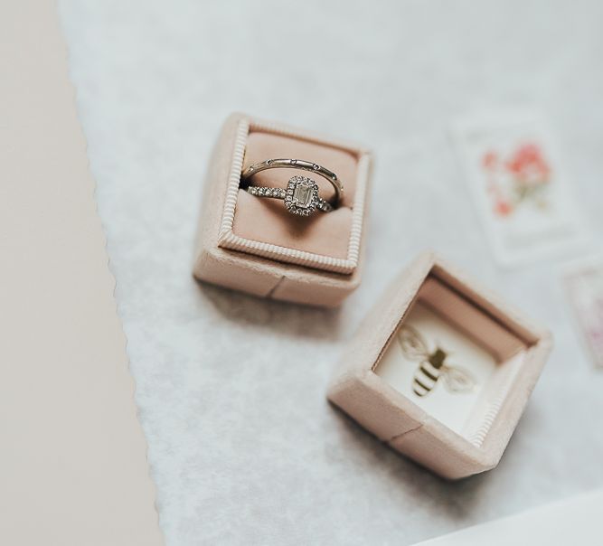 Wedding and engagement ring in pink velvet box