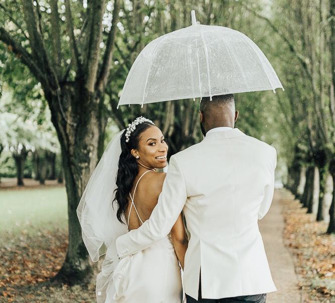 Stylish bride and groom at black tie wedding