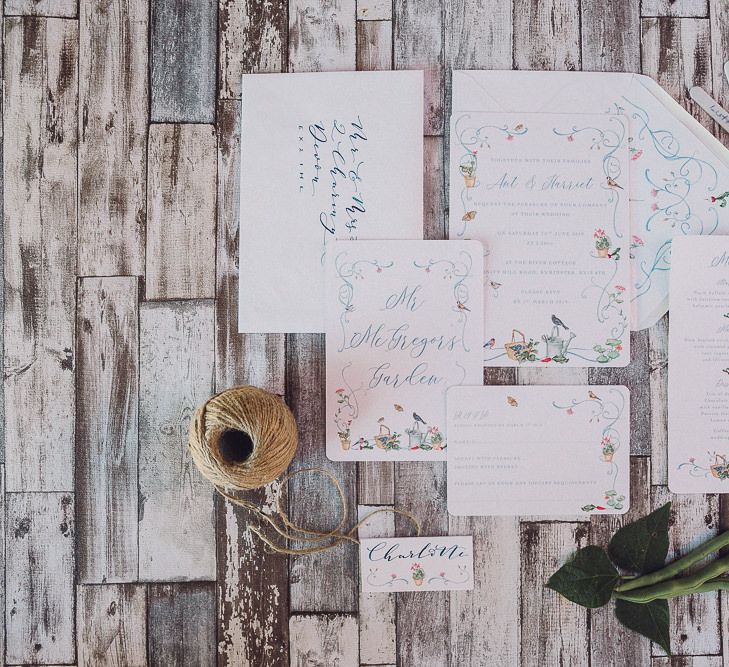 Whimsical De Winton Paper Co. Wedding Stationery Suite | Pastel Peter Rabbit Spring Inspiration at River Cottage | Beatrix Potter | Mr McGreagor's Garden | Succulent Vegetables &amp; Flowers | Jennifer Jane Photography