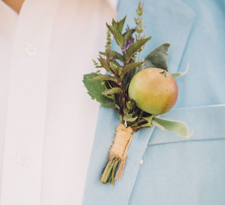 Succulent Vegetable Buttonhole | Groom in Pale Blue Blazer &amp; White Shirt |  Pastel Peter Rabbit Spring Inspiration at River Cottage | Beatrix Potter | Mr McGregor's Garden | Jennifer Jane Photography