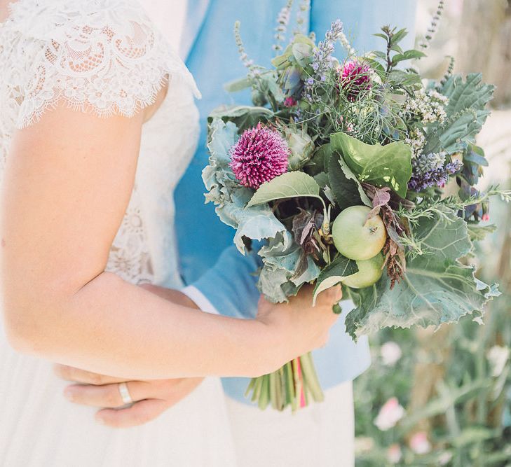 Succulent Vegetables &amp; Flower Bouquet | Bride in Lace Wedding Dress with Back Detail | Groom in Pale Blue Jacket &amp; Chino's | Pastel Peter Rabbit Spring Inspiration at River Cottage | Beatrix Potter | Mr McGregor's Garden | Jennifer Jane Photography