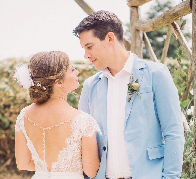 Bride in Lace Wedding Dress with Back Detail | Groom in Pale Blue Jacket &amp; Chino's | Pastel Peter Rabbit Spring Inspiration at River Cottage | Beatrix Potter | Mr McGregor's Garden | Jennifer Jane Photography