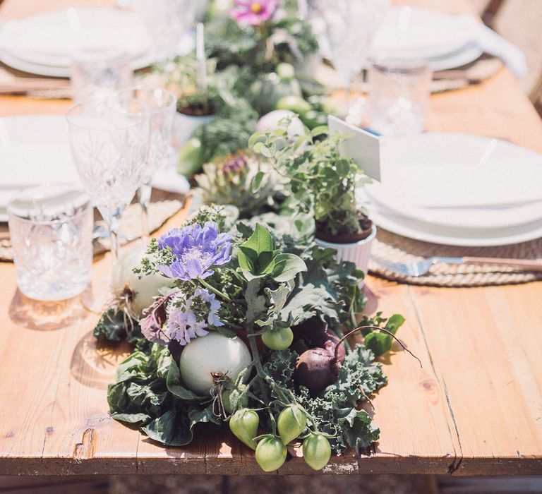 Succulent Vegetables &amp; Floral Table Runner | Pastel Peter Rabbit Spring Inspiration at River Cottage | Beatrix Potter | Mr McGregor's Garden | Jennifer Jane Photography