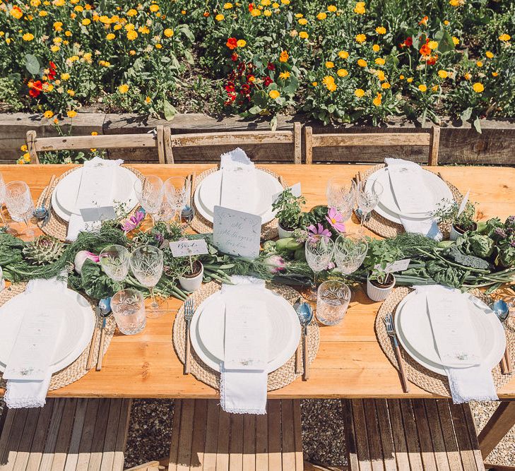 Outdoor Tablescape Place Settings with Succulent Vegetables &amp; Floral Table Runner | Pastel Peter Rabbit Spring Inspiration at River Cottage | Beatrix Potter | Mr McGregor's Garden | Jennifer Jane Photography