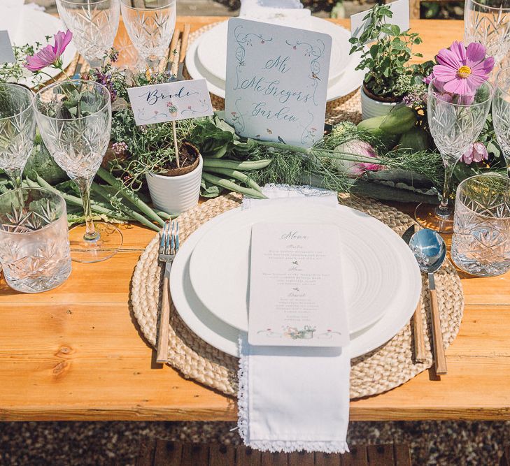 Outdoor Tablescape Place Setting with Succulent Vegetables &amp; Floral Table Runner | Pastel Peter Rabbit Spring Inspiration at River Cottage | Beatrix Potter | Mr McGregor's Garden | Jennifer Jane Photography