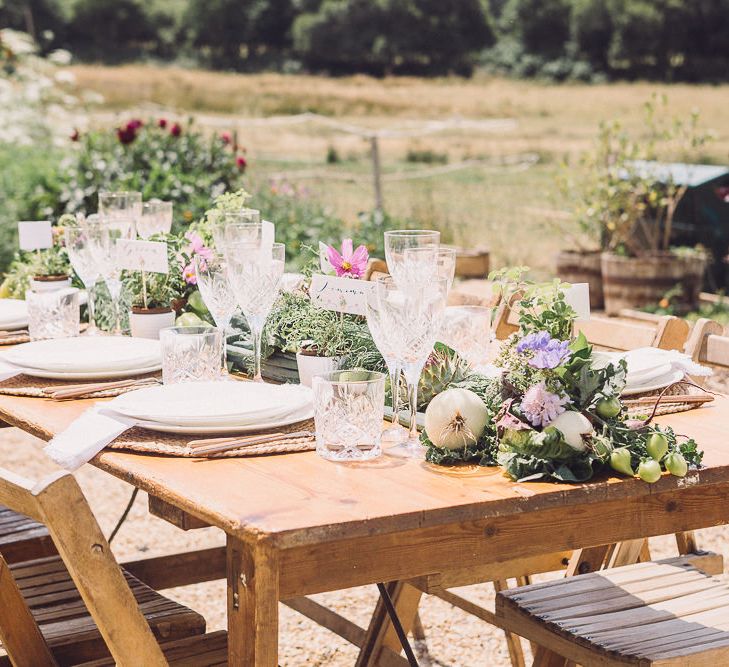 Outdoor Tablescape  with Succulent Vegetables &amp; Floral Table Runner | Pastel Peter Rabbit Spring Inspiration at River Cottage | Beatrix Potter | Mr McGregor's Garden | Jennifer Jane Photography