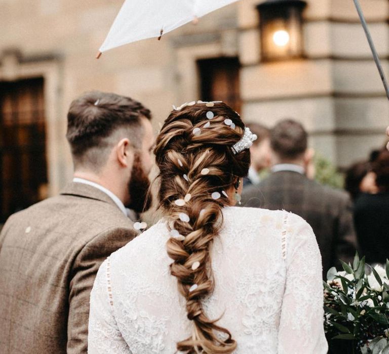 Back of bridal braid with confetti