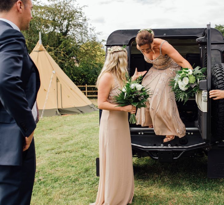 Bridesmaid Entrance in Sequin Dresses | Outdoor Wedding Ceremony &amp; Tipi Reception Planned by Benessamy Events | Red on Blonde Photography