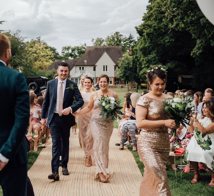 Wedding Ceremony | Bridesmaid Entrance in Sequin Dresses | Outdoor Wedding Ceremony &amp; Tipi Reception Planned by Benessamy Events | Red on Blonde Photography