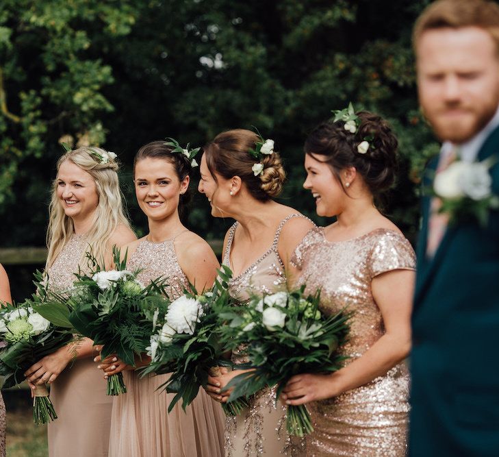 Blush Sequin Bridesmaid Dresses | Outdoor Wedding Ceremony &amp; Tipi Reception Planned by Benessamy Events | Red on Blonde Photography