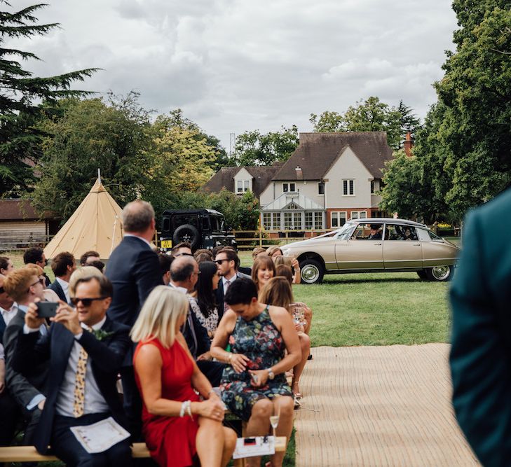 Vintage Citroen DS Wedding Car | Outdoor Wedding Ceremony &amp; Tipi Reception Planned by Benessamy Events | Red on Blonde Photography