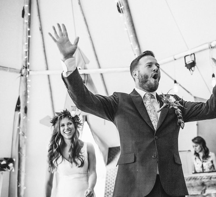 Speeches | Bride in La Sposa Gown from Mirror Mirror Bridal | Groom in Paul Smith Suit | Outdoor Wedding Ceremony &amp; Tipi Reception Planned by Benessamy Events | Red on Blonde Photography