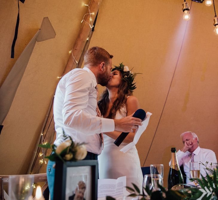 Speeches | Bride in La Sposa Gown from Mirror Mirror Bridal | Groom in Paul Smith Suit | Outdoor Wedding Ceremony &amp; Tipi Reception Planned by Benessamy Events | Red on Blonde Photography