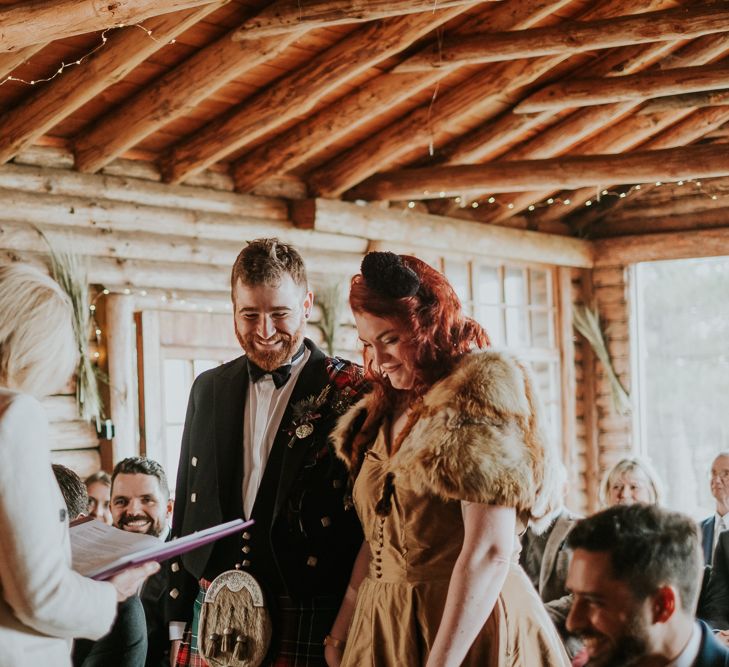 Ravensheugh Log Cabin DIY Wedding With Bride In Vintage Inspired Outfit And Groom In Kilt Virginia's Vintage Hire Photography By Joanna Nicole