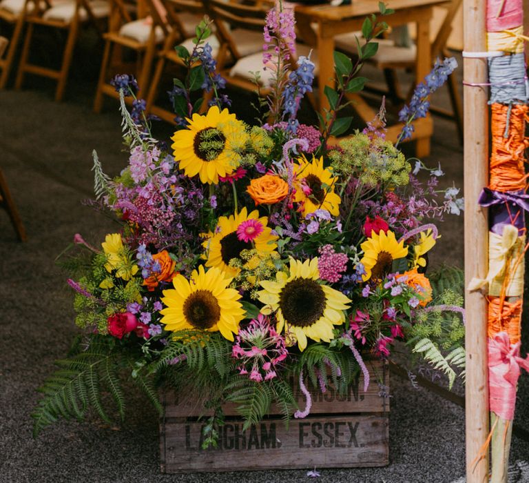 Wooden Crate Filled with Sunflowers