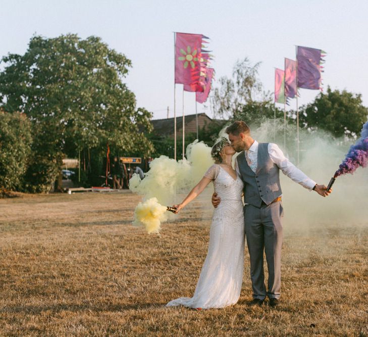 Smoke Bomb Portrait Bride in Jenny Packham Portia Wedding Dress and Flower Crown and Groom in Grey Ted Baker Suit