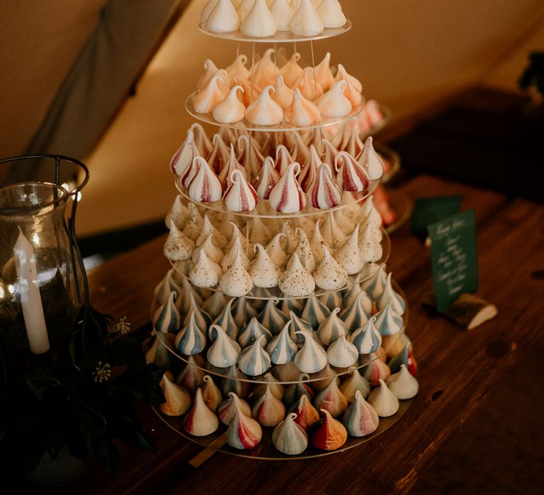 Tower of meringue kisses as an alternative wedding cake