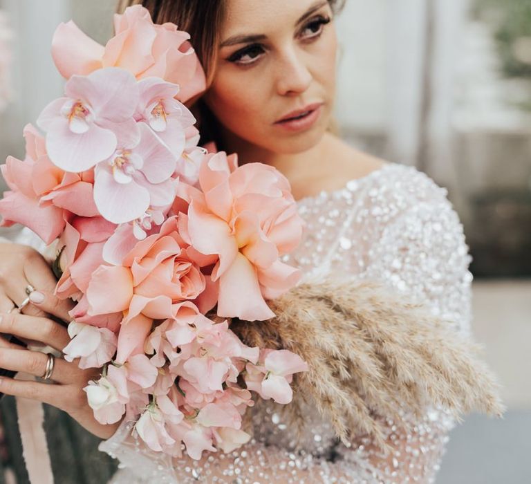 Romantic blush pink and dried grass wedding bouquet