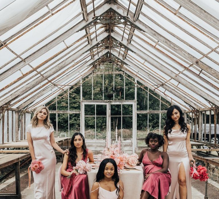 Bridesmaids in ombre pink dresses for intimate wedding with pink colour scheme